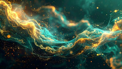Abstract surreal forms merging biology and code, dreamlike haze, floating particles of data, gold and turquoise light, symbolic of AI imagination, futuristic digital art.