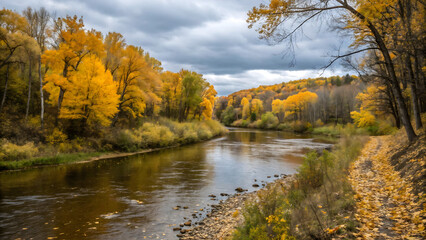 River and yellow trees in autumn forest
