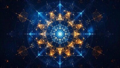 Abstract pattern of glowing codes and mathematical symbols forming a radiant mandala, blending digital art and spirituality, deep indigo background, symbolic of AI consciousness.