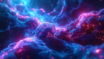 Abstract glowing neural networks intertwining like cosmic threads, flowing data streams, vibrant electric blue and magenta tones, sense of infinite intelligence, ultra-detailed, cinematic lighting.