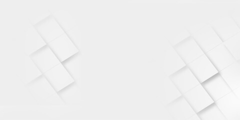 Random offset small white cubes, blocks or boxes background wallpaper banner with copy space. 3d architecture pattern design. Template for branding business. Squares Texture. 3D Rendering .
