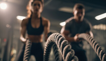 Couple Training Together With Battle Ropes For Arms And Cardio At The Gym: A Crossfit Workout For Fitness Enthusiasts.