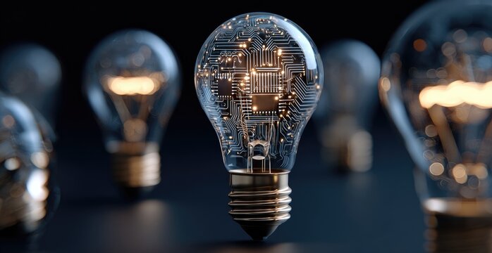A close-up shot features a lightbulb with circuit board design, surrounded by blurred bulbs