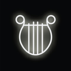 White neon sign shaped like a harp glowing in the dark