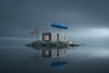 Tranquil small cabin sits on a rocky islet, a blue umbrella providing shade on a moody day