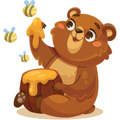 Happy Brown Bear Sitting With A Honey Pot And Bees On Transparent Background, Children Illustration...