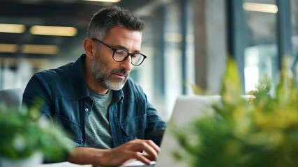Middle aged Indian man working on laptop at desk in modern office wearing glasses and beard focusing on screen surrounded by books and plants appearing concentrated profession
