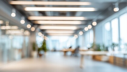 Fototapeta premium Abstract Light Bokeh In An Open Empty Office Space With Blurred Interior - A Modern And Minimalistic Workplace Setting.