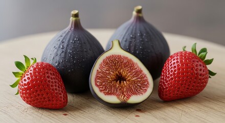 Fresh ripe figs and strawberries arranged on a wooden surface for a healthy food concept