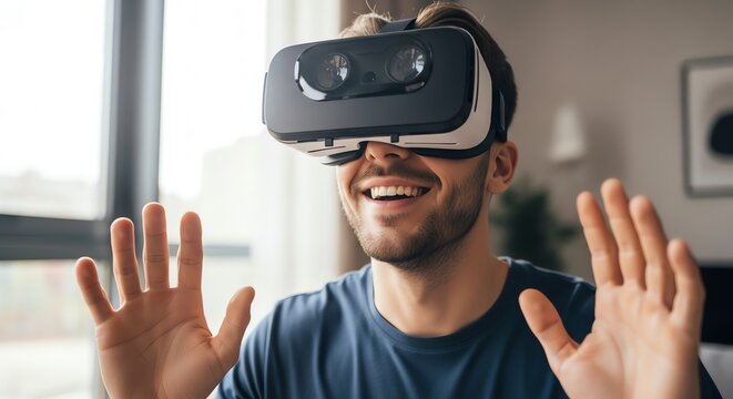Man wearing virtual reality headset smiling indoors