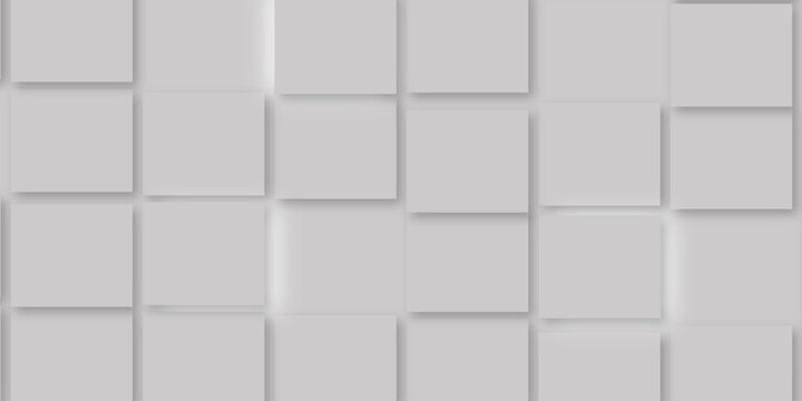 Random offset small white cubes, blocks or boxes background wallpaper banner with copy space. 3d architecture pattern design. Template for branding business. Squares Texture. 3D Rendering .
