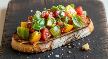 Freshly toasted bruschetta topped with vibrant mixed heirloom tomatoes and basil