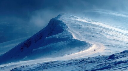Lone person scaling a snow-covered mountain, achieving goals