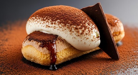 Delicious tiramisu dessert with whipped cream and chocolate shavings dusted with cocoa powder