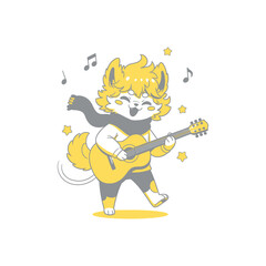 Cute Fox Character Playing Acoustic Guitar Illustration.