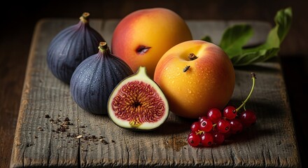 Fresh ripe figs and peaches arranged with red currants on rustic wooden surface