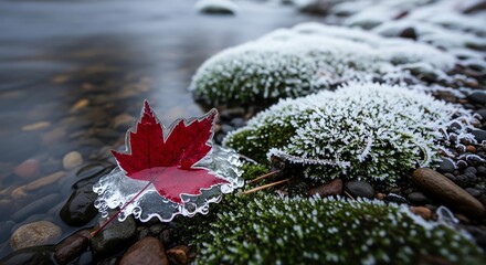 Vibrant red maple leaf encased in delicate ice crystals on a frosty riverbank