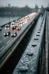 City bridge traffic on rainy day and blurred lights