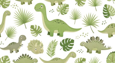 Cute Dinosaur and Tropical Leaves Pattern seamless cartoon kids fabric wallpaper background green animal reptile prehistoric jungle