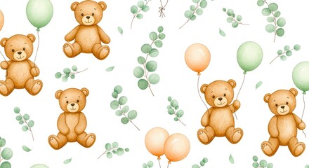 Cute Teddy Bear and Eucalyptus Pattern leaves balloon seamless watercolor baby nursery animal toy illustration background design
