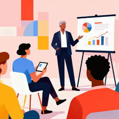 Dynamic business presentation showcasing data charts with diverse audience, perfect for corporate training, webinars, or annual reports and strategic planning visuals