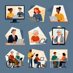 Diverse professionals collaborating remotely, modern business solutions for online meetings and teamwork, fostering inclusion, accessibility, and virtual connections