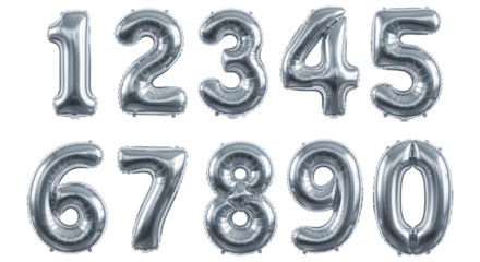 Silver foil balloon numbers isolated on transparent background for party decoration