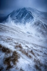 Snow-covered mountain under a cloudy sky