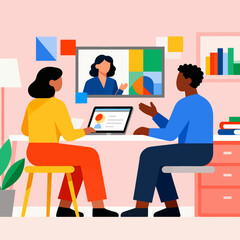 Collaborative team video call presentation with business professionals sharing insights and discussing strategy in a modern workspace, driving innovation