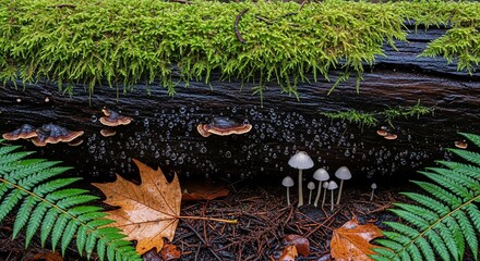 Close up of a moss covered decaying log with small mushrooms and fern fronds in a forest