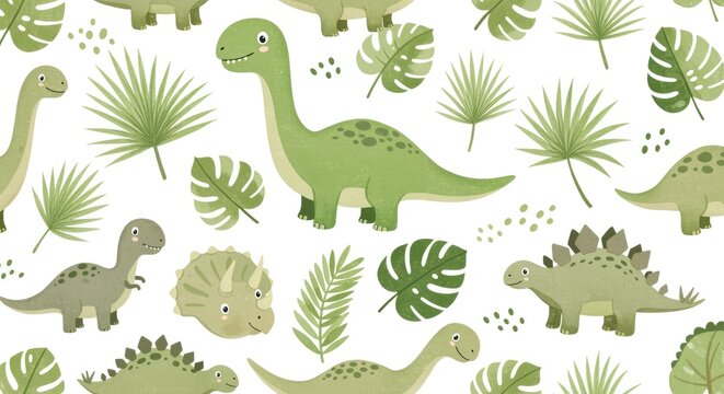 Fototapeta Cute Dinosaur and Tropical Leaves Pattern seamless cartoon kids fabric wallpaper background green animal reptile prehistoric jungle