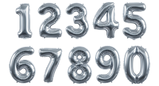 Silver foil balloon numbers isolated on transparent background for party decoration