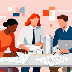 Collaborative architects designing modern skyscraper blueprints, focused teamwork and precision for innovative construction projects, urban development