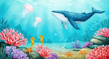 Underwater scene with whale, seahorses and jellyfish coral reef ocean marine life watercolor illustration starfish aquatic animal © Jamil
