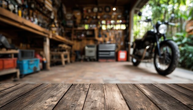 Technician Repairing Fixed Motorcycle In Blurred Motorcycle Service Shop On Wooden Floor Blank Space In Garage Shop
