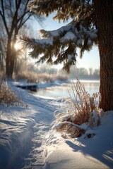 Winter landscape with snow-covered trees and a lake, serene winter scenery