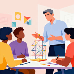 Engaging classroom scene of a teacher explaining a colorful structural model to students fostering learning and collaboration in a bright, modern learning environment