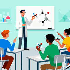 Engaging science lesson with professor explaining molecule structure, inspiring students in a modern classroom, fostering curiosity and scientific discovery