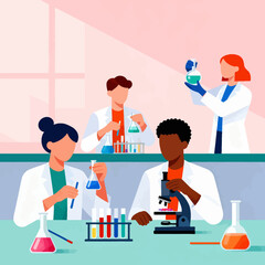 Diverse team of scientists working collaboratively in a modern lab environment, conducting experiments and research, ideal for science and technology projects