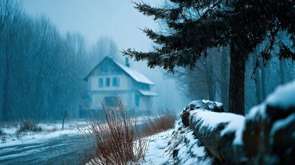 Winter snow-covered house and landscape