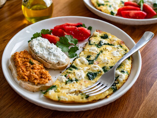 Healthy breakfast - omelette with feta cheese and spinach with sandwiches and tomatoes on wooden table	