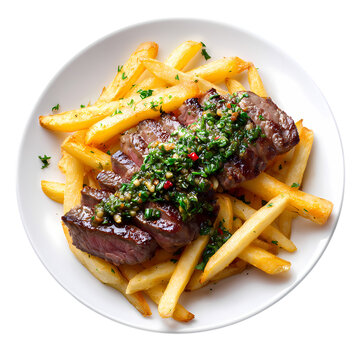 Delicious looking steak frites on a white plate isolated on transparent background