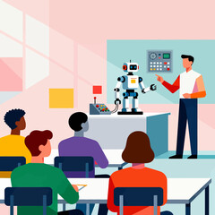 Engaging robotics lesson as instructor presents advanced technology to students, sparking curiosity and innovation in classroom for future tech careers