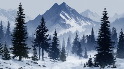 Snow-covered mountain range landscape with trees and path