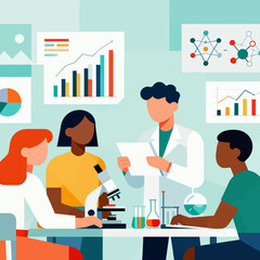 Diverse science team collaborating on research, analyzing data graphs and molecules in modern lab, driving innovation and discovery for scientific advancements