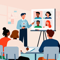 Engaging online education session with diverse students and presenter, fostering collaboration and modern learning in a virtual classroom environment