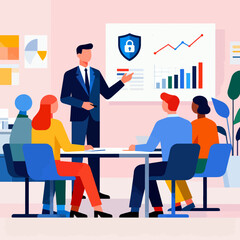 Dynamic business presentation showcasing data security and growth charts to diverse team, ideal for corporate training and cybersecurity awareness campaigns