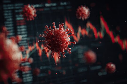 Graphic illustrating a virus in front of a financial graph trending downwards