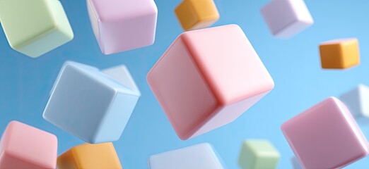 Obraz premium Floating pastel-colored cubes against a light blue backdrop, creating a sense of movement and modernity