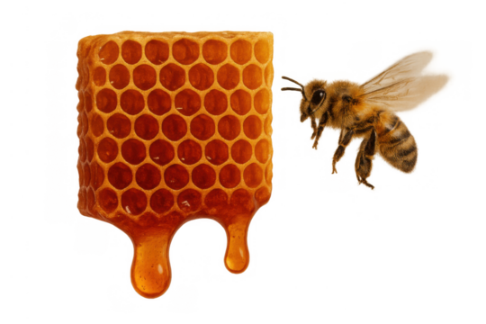 Honeybee flying near honeycomb dripping sweet golden honey, a concept of natural organic food and apiculture success